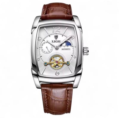 Lige - Herenhorloge - Mechanisch - Polshorloge - Heren - Horloge - Horlogedoos - Mannen - Zilver & Wit - Bruin Lederenband - Automaat