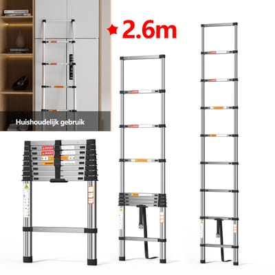 2,6 meter Telescopische ladder, roestvrij staal, maximaal 150 kg belasting, opvouwbare uitschuifladder met veiligheidssloten, voor thuis en professioneel gebruik