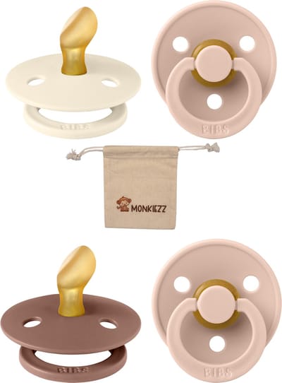 Bibs Blister | Met Monkiezz Speenzakje - maat 1 0-6 maanden - 4 stuks - Ivory - Blush -Woodchcuk - Blush