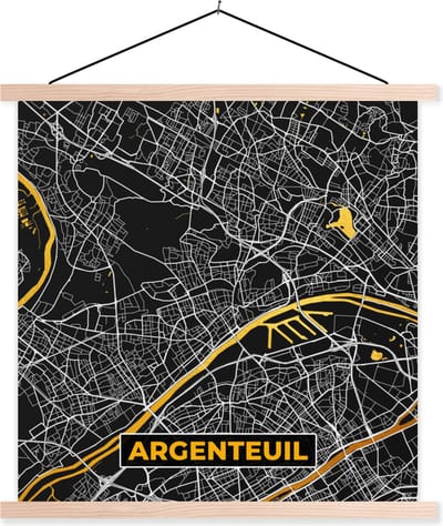 Posterhanger incl. Poster 40x40 cm - Schoolplaat - Frankrijk – Plattegrond – Kaart – Argenteuil – Stadskaart - Textielposter - Blanke latten - Stadskaart