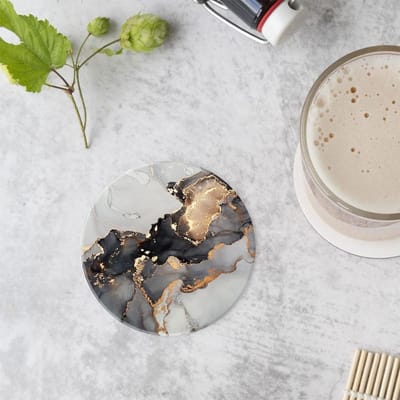 Set van 4 Ronde Drinkonderzetters van Keramiek met Absorberend Marmeren Uiterlijk en Houder