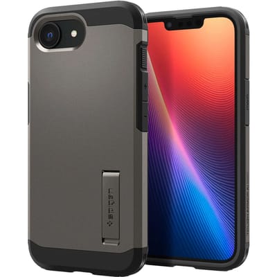 Spigen Tough Armor Hoesje Geschikt voor Apple iPhone 17e / 16e | Compatibel met MagSafe / Qi2 | Back Cover Militaire Standaard | Kickstand | Gunmetal