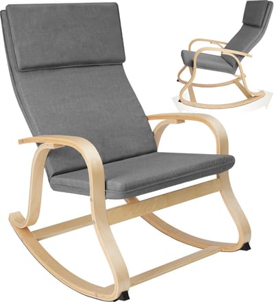 tectake® Schommelstoel met Armleuningen - Relaxstoel - Fauteuil met Berkenhouten Frame - Schommelstoelen - Lopers met Stoppers - Inclusief Kussen - Belastbaar tot 150 kg - Grijs