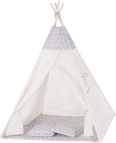Wigwam Tipi Teepee Tent - Speeltent 4-delig - Grijs/Wit Sterrenpatroon - 100% Katoen