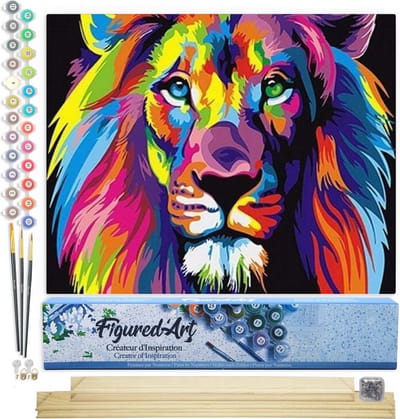 Figured'Art Schilderen op Nummer Volwassenen canvas Leeuw Pop-art - Handwerk acrylverf Kit DIY Compleet - 40x50cm met DIY houten lijst