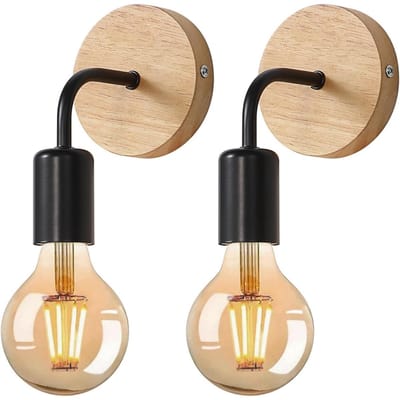 GELLDG 2 stuks houten wandlampen - Retro industriële wandlamp - E27 retro binnenverlichting - Lamp niet inbegrepen - Geschikt voor slaapkamer, hal, woonkamer - Zwart