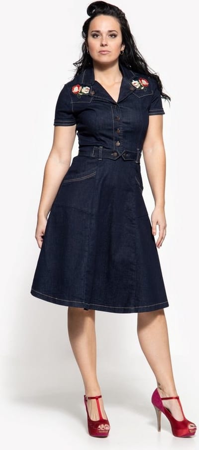 Queen Kerosin - Floral embroidery 50's Flare jurk - L - Blauw