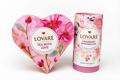 Lovaré Tea With Love Cadeauset – Hartvormige Thee Giftbox + Strawberry Marshmallow Losse Groene Thee – Luxe Thee Geschenkset voor Haar, Verjaardag, Moederdag, Valentijn