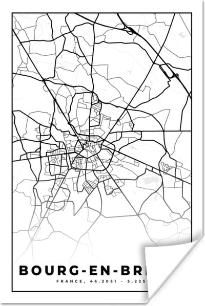 Poster Stadskaart – Frankrijk – Kaart – Bourg-en-Bresse - Plattegrond - Zwart wit - 120x180 cm XXL