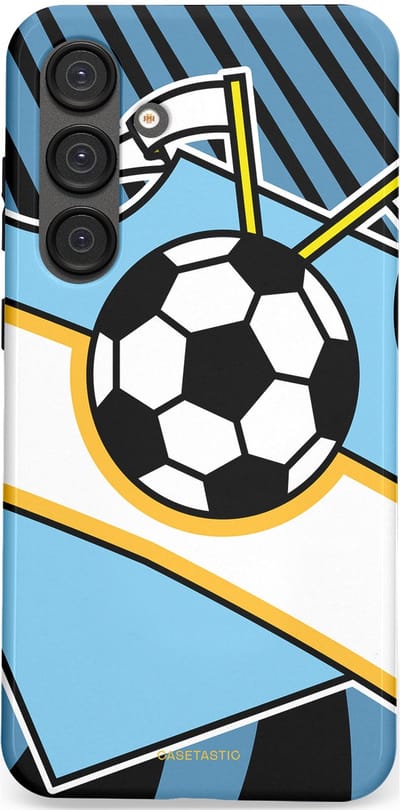 Casetastic hoesje geschikt voor Samsung Galaxy S25 Plus - Dubbellaagse bescherming - Kampioensbal - Fashion Case - Lichtblauw Zwart Wit