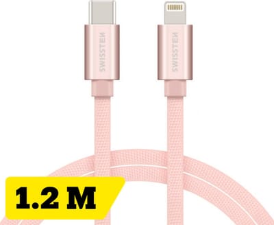 Swissten USB-C naar Lightning Oplaadkabel 1,2 meter – Power Delivery Snellader – voor iPhone & iPad – Gevlochten Nylon – Roze