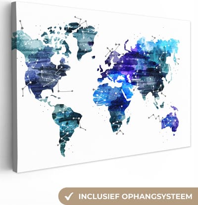 Canvas schilderij 150x100 cm - Wanddecoratie Wereldkaart - Blauw - Sterrenhemel - Kinderen - Jongens - Meisjes - Muurdecoratie woonkamer - Kamer decoratie accessoires - Schilderijen