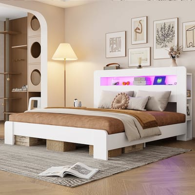 HAUSS SPOLE Houten Bed 180x200 cm - Met Opberghoofdbord, Verlichting en Stopcontacten - Zonder Matras - Wit