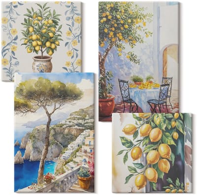 Wallfluent Set van canvas schilderijen - Citroenbomen en beschilderde uitzichten op zee Canvas Schilderijen Set - Set van 4 Canvas Schilderijen - Groente Set van Canvas Prints - Natuur Canvas Kunst Set - Boheemse Canvas Kunst Set