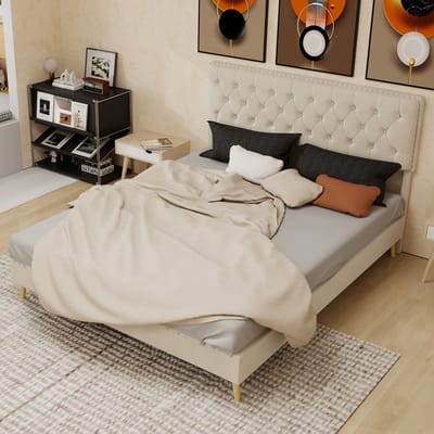 Tweepersoonsbedden - 160x200CM - Modern Minimalistisch Zacht Bed Lage Box - Comfortabel Hoofdbord - Beige (Geen Matras)