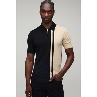 Tall Short Sleeve Muscle Fit Colour Block Knit Polo T-Shirt | Taupe | Size Large