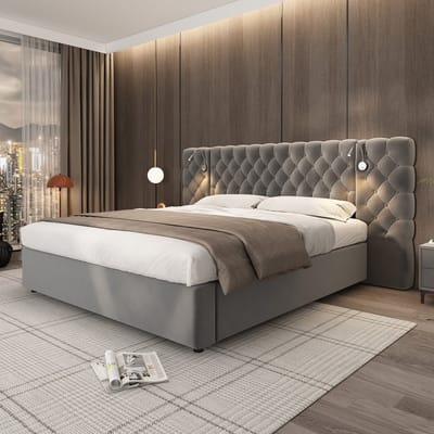 Gestoffeerd bed 160 x 200 cm - met opbergruimte en LED-verlichting - groot hoofdeinde - fluweel - zonder matras - grijs