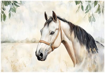 WALLARENA - Fotobehang - 150x105 cm - Fototapete met een paard en bladeren op beton, geschikt voor slaapkamer en salon, vliesbehang