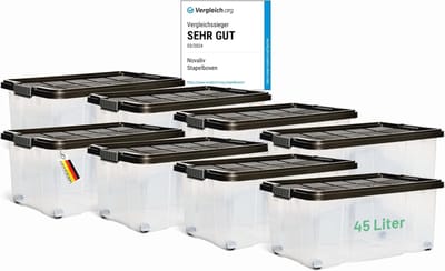 Novaliv 8x Opbergdozen met deksel Groot 45L Antraciet Nestbaar Stapelbaar met clipsluiting Rolboxen Kunststof BPA-vrij 61x40x26 cm