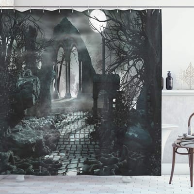 ABAKUHAUS Mystik Douchgordijn – Maanzicht, Blauw-Grijs, 175x240 cm – Met Haken