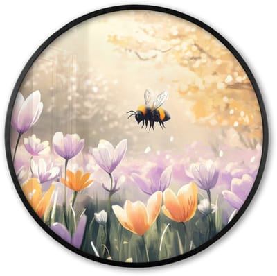 Poster in lijst Rond - Fotolijst 60x60 cm - Posters - Viooltjes - bij - Zonlicht - Ronde posterlijst zwart - Decoratie - Wanddecoratie woonkamer - Muurdecoratie slaapkamer