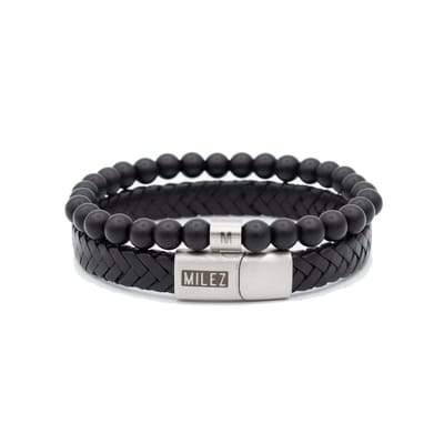 Milez - Armband set dames - armband dames leer kralen - Zwart-Zilver - Maat S