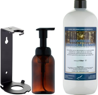 Zeepdispenser 300 ml amber bruin hervulbaar + 1 liter Showergel Siberische Dennen navulling (inclusief beugel)