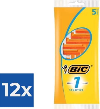 BIC 1 Sensitive Wegwerpscheermesjes Voor Heren Met Een Enkel Mesje En Vaste Kop - Pak van 5 Stuks - Voordeelverpakking 12 stuks