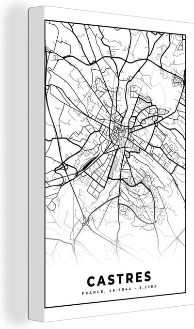 Canvas Schilderij Frankrijk - Kaart - Castres - Plattegrond - Stadskaart - Zwart wit - 20x30 cm - Wanddecoratie