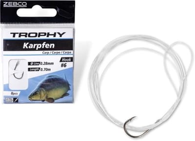 Zebco Trophy Carp Hook-to-Nylon 70cm (8 pcs) Hook Black - Maat : 4