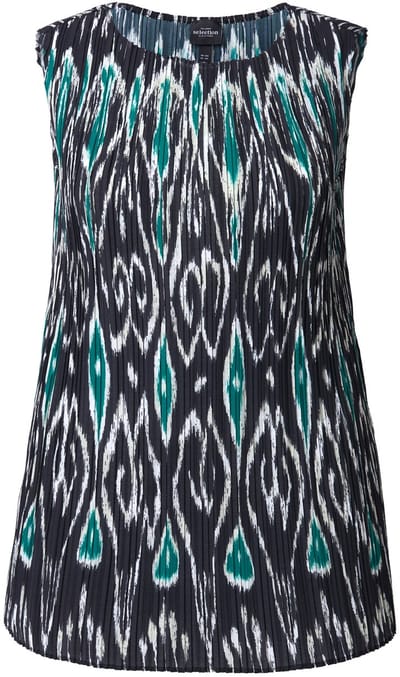 Ulla Popken - Dames - Blouseachtige top plissé grafisch design ronde hals - Zwart - Maat 42+