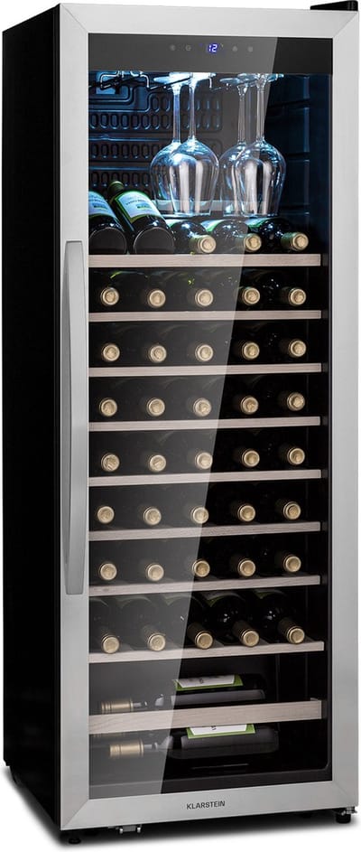 Klarstein wijnkoeler, slanke drankkoeler, koelkast met glazen deur, vrijstaande drankkoeler, kleine wijnkoeler, wijnkoeler met één temperatuurzone, UV-bescherming, 4-18 °C, 46 flessen - Wijnkoelkast - 155L 46 cm - voor Bar - Touch Houten Schappen