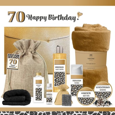 Geschenkset “70 Jaar Happy Birthday!” - 10 producten - 1410 gram | Cadeau Verjaardag - Luxe wellness cadeaubox - Giftset Speciaal voor Haar - Geschenkset Gefeliciteerd - Verjaardag - Cadeaupakket - Gift Set Party - Verjaardagscadeau Goud - Zwart