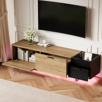 MODFU - Tv-Meubel - Open Vakken En Laden - Modern - Voor Woonkamer Of Mediaruimte - Bewerkt Hout - Zwart - 180 x 38 x 49 cm