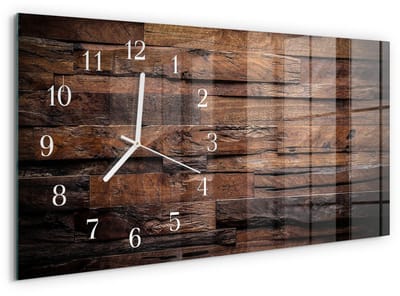 Tulup Wandklok - Hout Glazen Wandklok Design - 60x30 cm - Bruin Klok Glas Met Opdruk - Witte Handen - Rechthoekige Wandklok - Wandklok Glas Decoratie - Gekleurde Glazen Klok