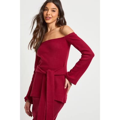 boohoo Dames Geborstelde Rib Bardot Strik Taille Lonline Top | Red | Maat: 6
