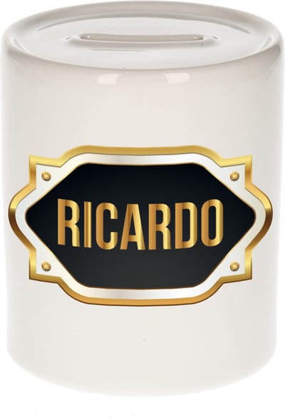 Spaarpot met voornaam Ricardo - wit - met goud/zwart embleem - 8 x 9 cm - keramiek - met afsluitdop - cadeau verjaardag
