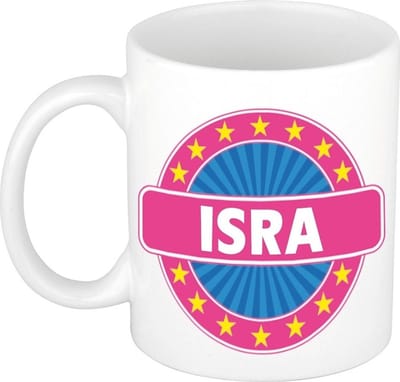 Bellatio Decorations - Isra voornaam - koffiemok - beker - wit/roze - 300 ml - Cadeau - Dames - Collega - Moederdag - Verjaardag