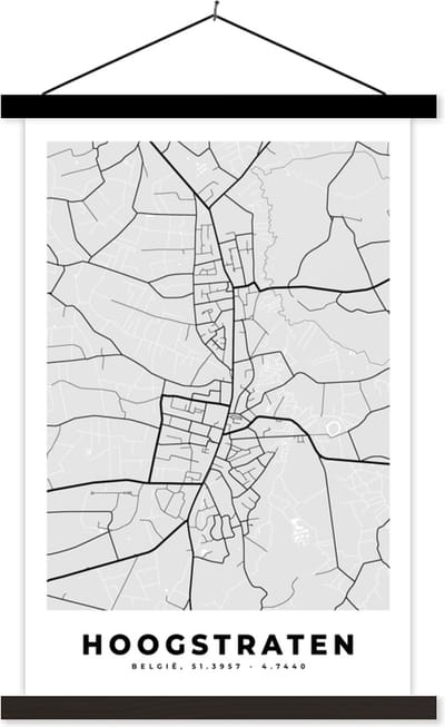 Posterhanger incl. Poster 40x60 cm - Schoolplaat - Stadskaart – Plattegrond – België – Zwart Wit – Hoogstraten – Kaart - Textielposter - Zwarte latten - Stadskaart
