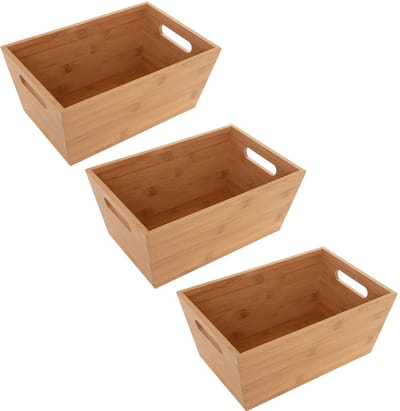 5Five Opbergbox van bamboe hout - 3x - naturel - 30 x 20 x 13 cm - met handvaten - opbergers bakjes/kastmanden