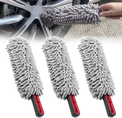 Set van 3 wielreinigingsborstels – Microvezel reinigingsborstels – Ronde chenille stofdoeken – Waxborstels met lange steel – Stofverwijderingsborstels – Niet-beschadigende autowasborstels – Geschikt voor auto-onderhoud en -wassen – Grijs