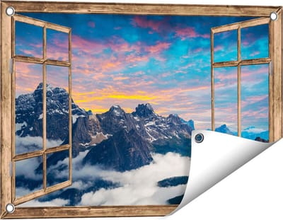Gards Tuinposter Doorkijk Bergen Landschap met Wolken in Itali� - 60x40 cm - Tuindoek - Tuindecoratie - Wanddecoratie buiten - Tuinschilderij