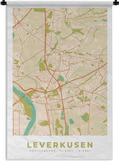 Wandkleed - Wanddoek - Stadskaart - Leverkusen - Vintage - Kaart - Plattegrond - 120x180 cm - Wandtapijt
