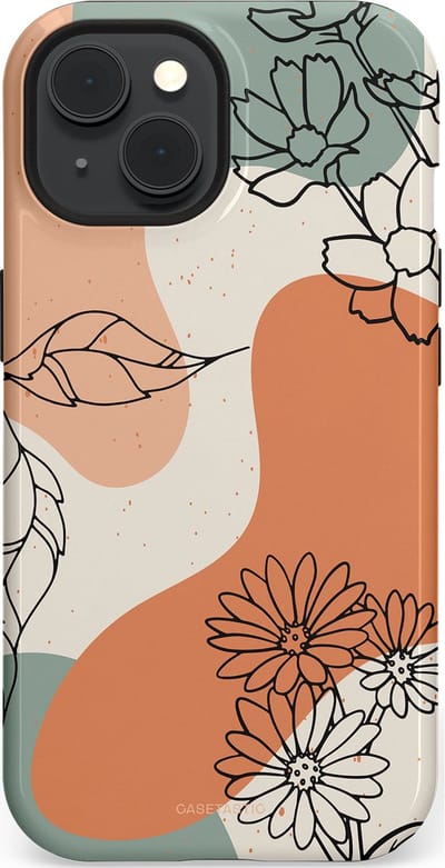 Casetastic hoesje geschikt voor Apple iPhone 15 - MagSafe - Dubbellaagse bescherming - Lijnenspel Botanisch - Fashion Case - Crème Saliegroen Perzik