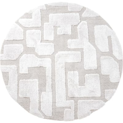 Vloerkleed Liana Creme Rond ø160 cm - Design Hoog-Laag Vloerkleed met Grafisch Labyrint Patroon in Scandinavische / Japandi Stijl