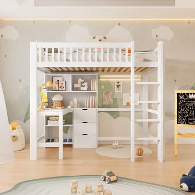 Sweiko Hoogslaper - 90x200cm - Boekenplank - Bureau - 3 lades - Kinderbed - Wit