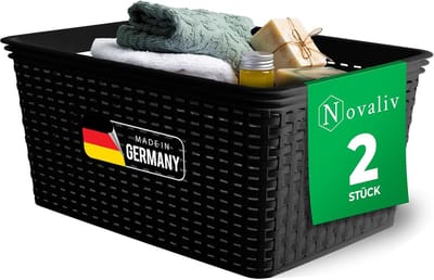 Novaliv 2-delige elegante opbergmand in rotanlook | Zwarte kunststof 14L ? Ideaal voor het opbergen van kleding en in de badkamer. Opbergdoos badkamermand badkamer organizer mand opbergdoos