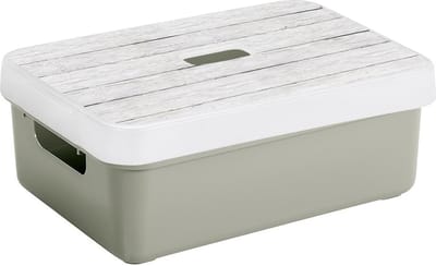 Sunware opslagbox - 9 liter - lichtgroen - kunststof - 35 x 25 x 12 cm - met afsluitbare deksel in houtnerf print