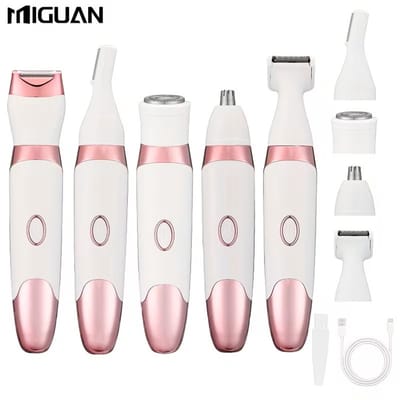 5-in-1 Digitale MIGUAN Ladyshave – Body Shaver + Precisietrimmer + Oor/Neushaar + Gezicht + Wenkbrauwtrimmer – USB-Oplaadbare Dames Scheerapparaat – Voor een Pijnloze ervaring en perfecte Lichaamshaar verzorging - Kleur: Roze -