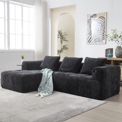 Moderne hoekbank - modulaire L-vormige bank - driezitsbank - geen montage nodig - chenille stof - met chaise longue en armleuningen - 3 kussens - met zijvak voor afstandsbediening - 250*158*60 cm - geschikt voor woonkamer en slaapkamer- zwart
